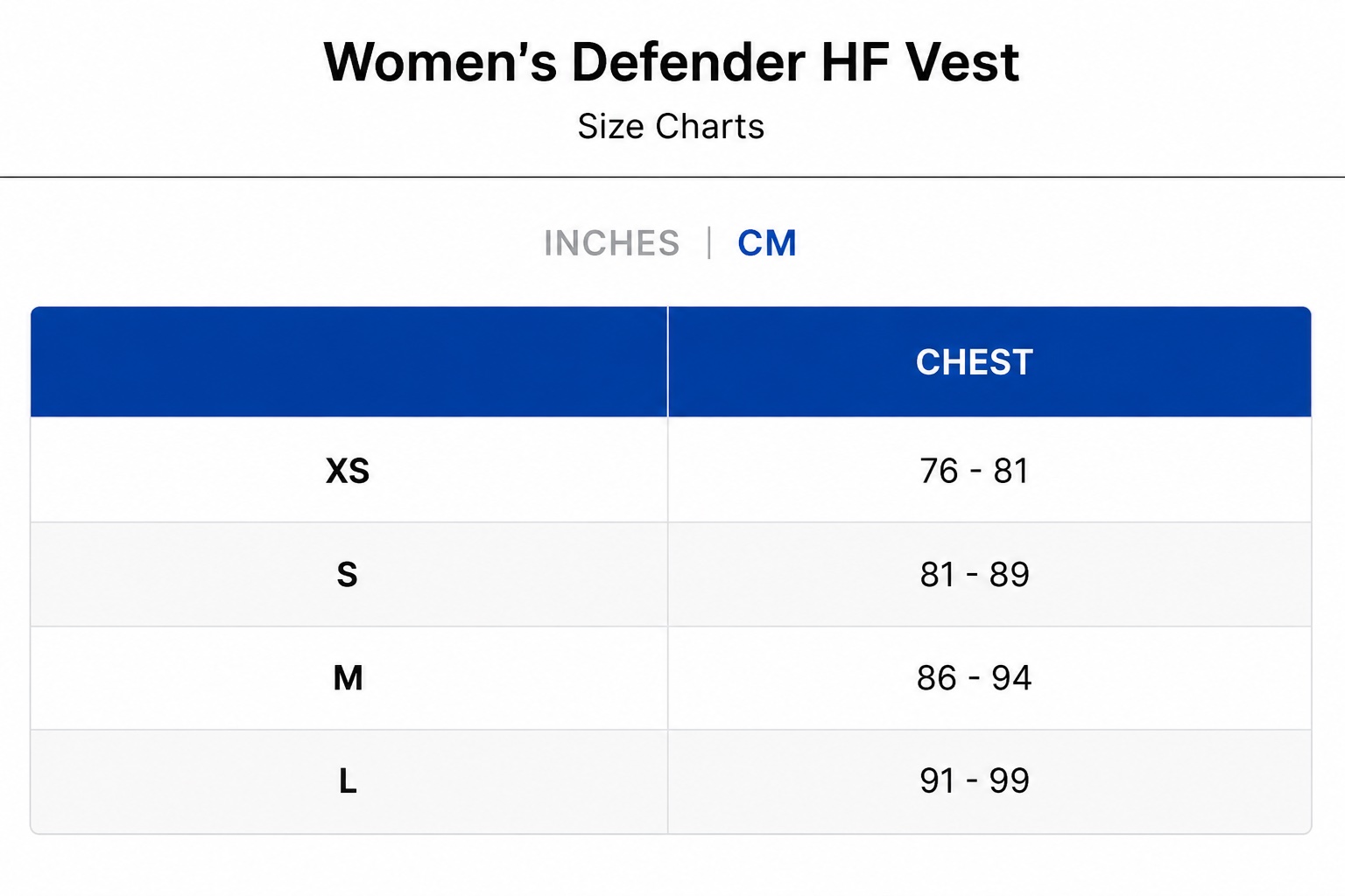 Size Chart Ride Engine Womens Defender HF Vest